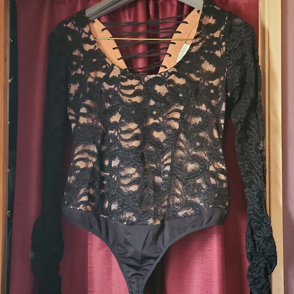 Bisou Bisou Black Lace Long Sleeve Bodysuit